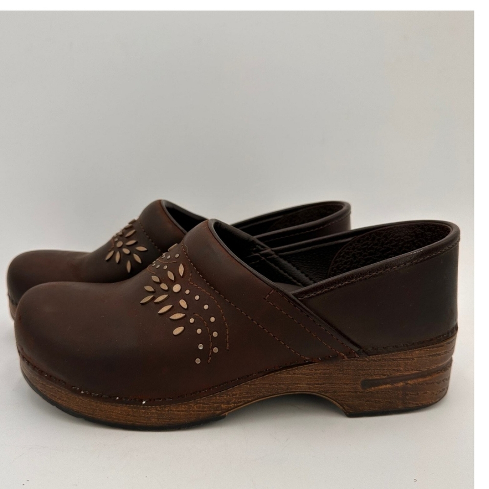 Dansko Patricia Embellished Brown Leather Clogs - Picture 2 of 16